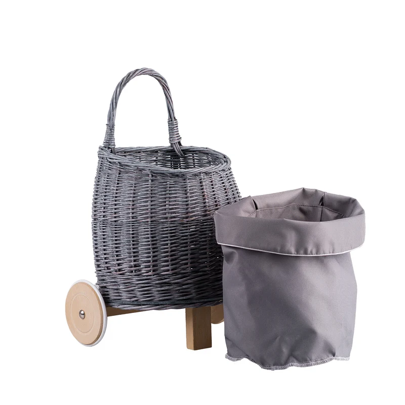 Luke wicker push walker for children with gray trim, with handle and wooden wheels TheWickerStories
