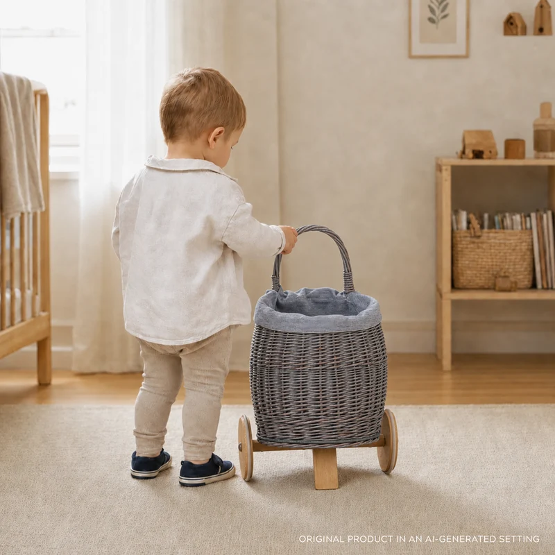 Luke wicker push-along doll stroller with blue trim, wooden wheels and handle TheWickerStories