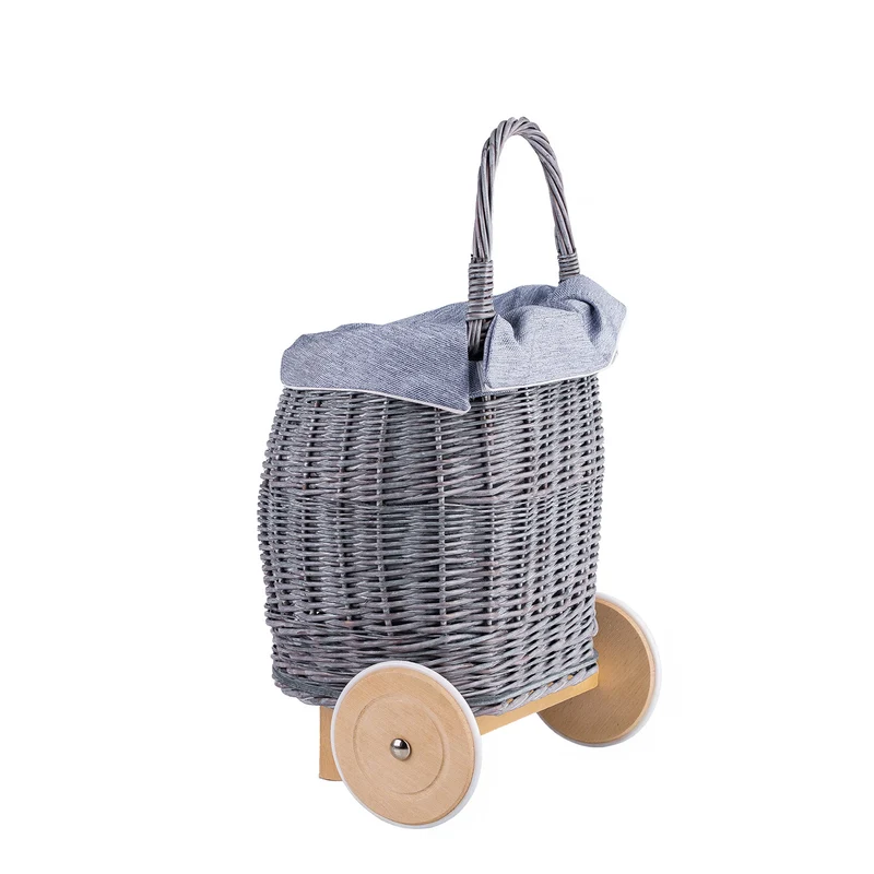 Luke wicker push-along doll stroller with blue trim, wooden wheels and handle TheWickerStories