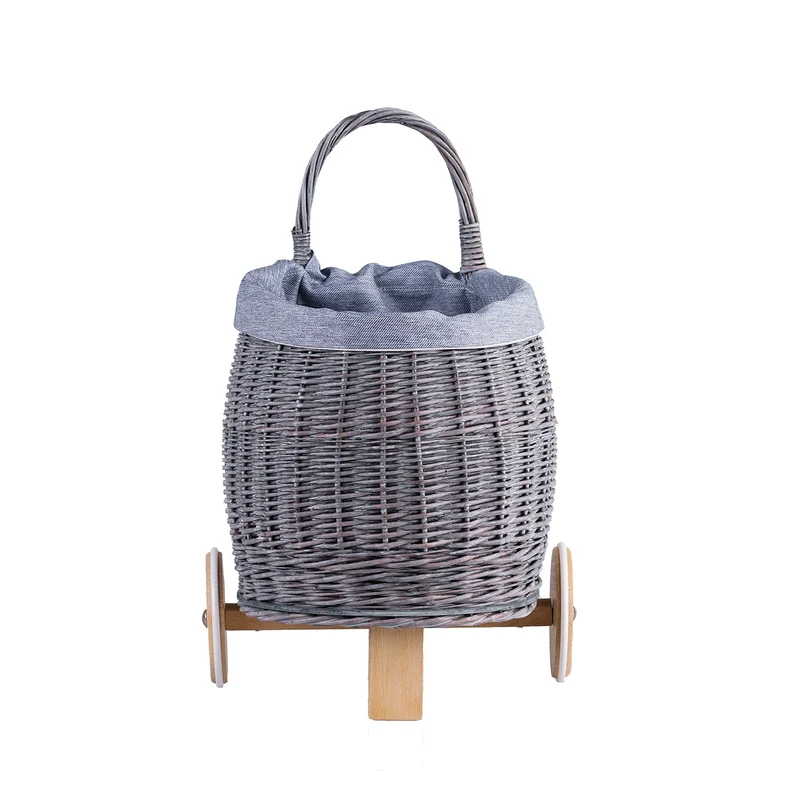 Luke wicker push-along doll stroller with blue trim, wooden wheels and handle TheWickerStories