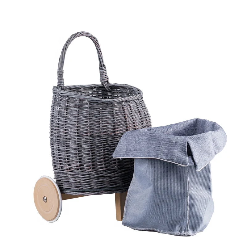 Luke wicker push-along doll stroller with blue trim, wooden wheels and handle TheWickerStories