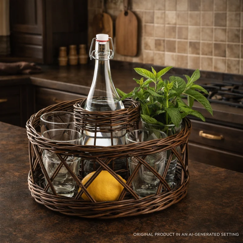 Alvora wicker wine serving organizer, for bottle and glasses TheWickerStories