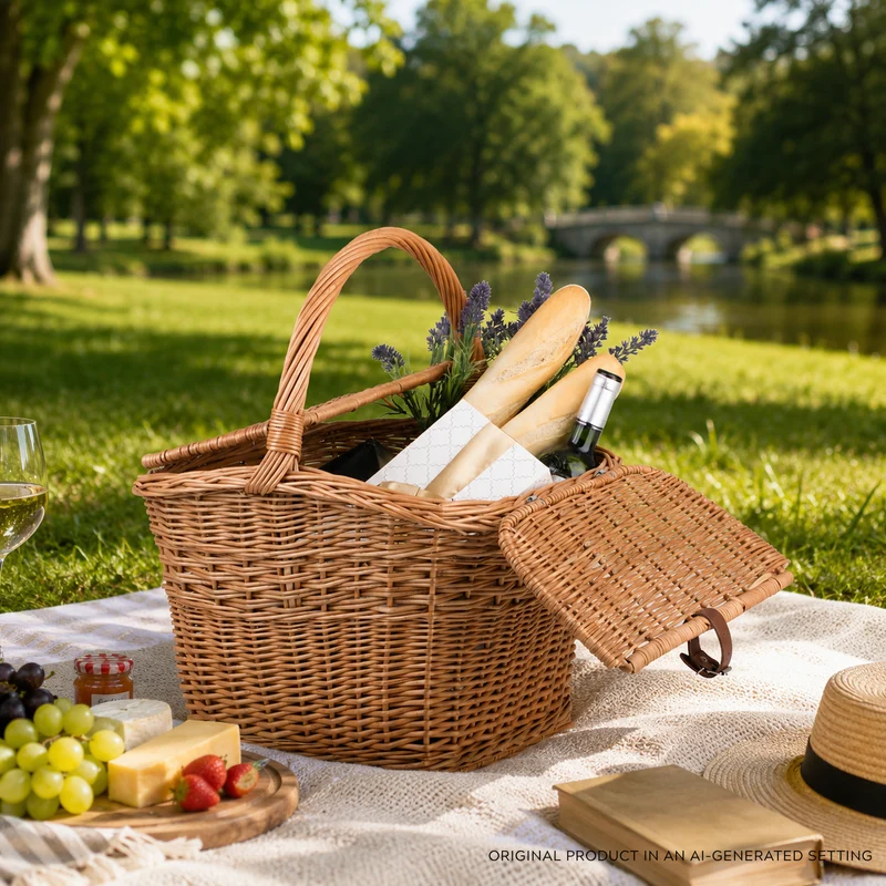 Kerria wicker picnic basket, shopping basket with handle and lid TheWickerStories