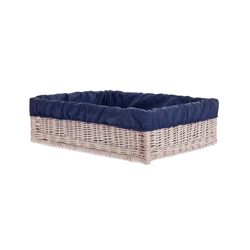 Epimoria wicker pet bed for dogs and cats with navy trim and cushion TheWickerStories