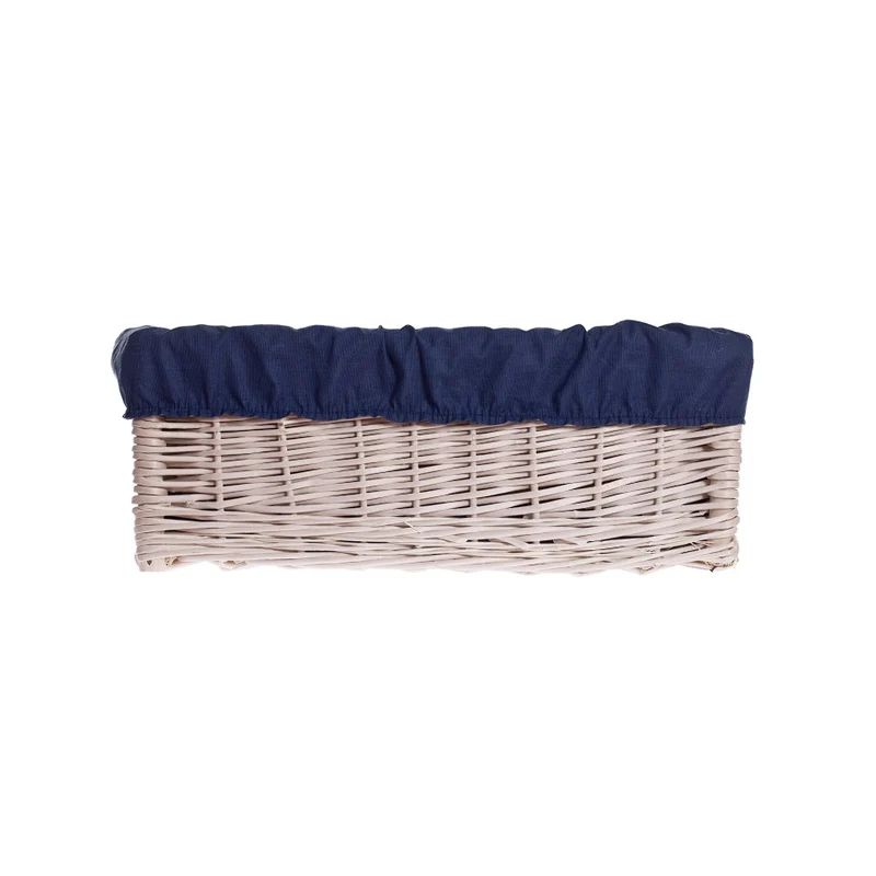 Epimoria wicker pet bed for dogs and cats with navy trim and cushion TheWickerStories