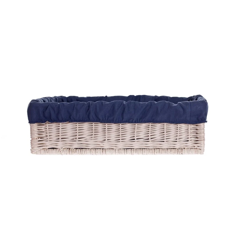 Epimoria wicker pet bed for dogs and cats with navy trim and cushion TheWickerStories