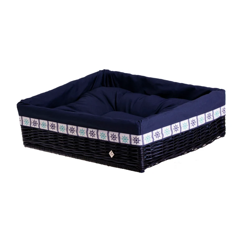 Epimoria wicker basket for dog and cat with navy trim, featuring a soft cushion TheWickerStories