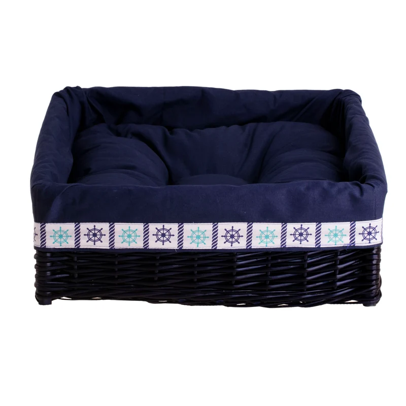 Epimoria wicker basket for dog and cat with navy trim, featuring a soft cushion TheWickerStories