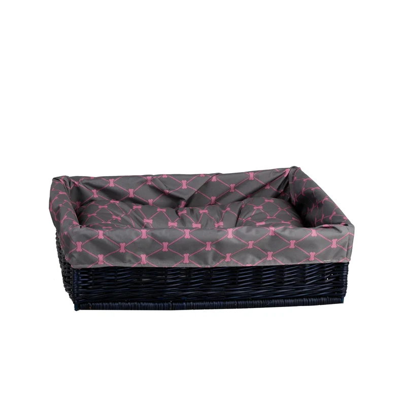 Epimoria wicker basket for dog and cat with gray trim and cushion TheWickerStories