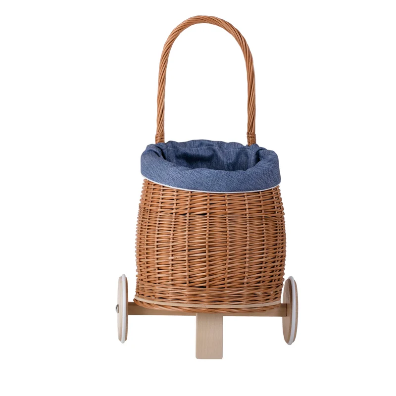 Luke wicker push walker for children with blue trim, with handle and wooden wheels TheWickerStories