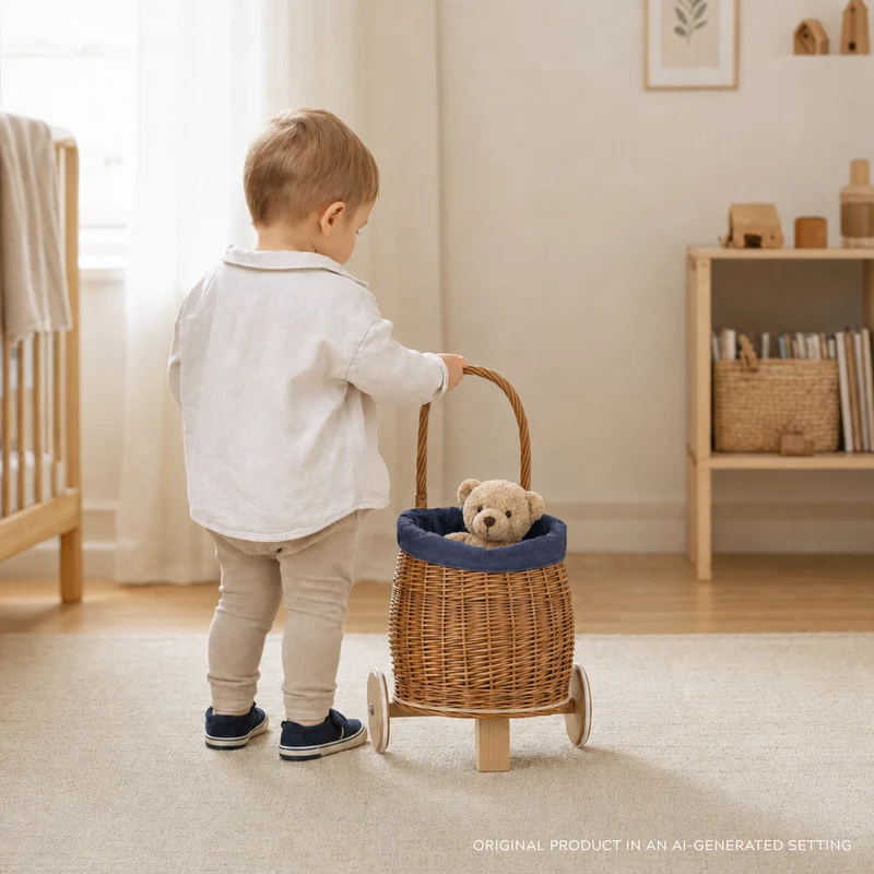 Luke wicker push walker for children with blue trim, with handle and wooden wheels TheWickerStories