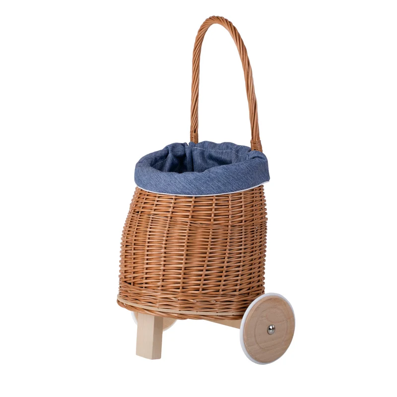 Luke wicker push walker for children with blue trim, with handle and wooden wheels TheWickerStories
