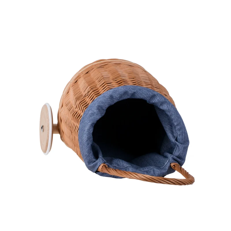 Luke wicker push walker for children with blue trim, with handle and wooden wheels TheWickerStories