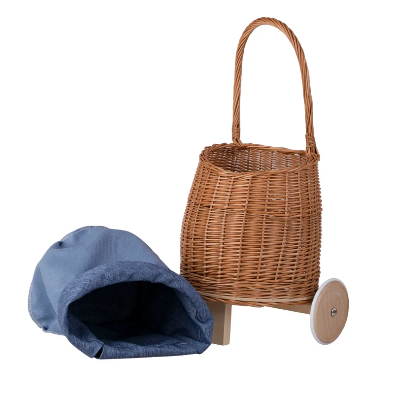 Luke wicker push walker for children with blue trim, with handle and wooden wheels TheWickerStories
