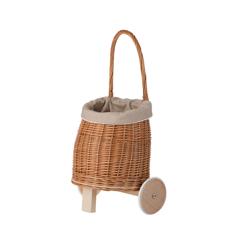 Luke wicker doll stroller with beige trim, handle and wooden wheels TheWickerStories