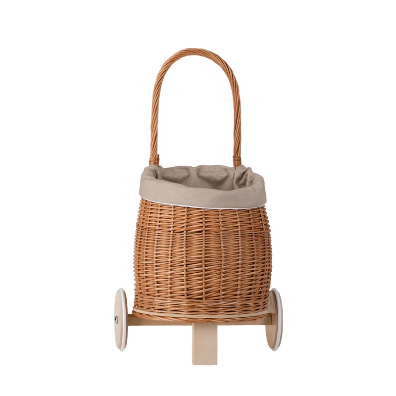 Luke wicker doll stroller with beige trim, handle and wooden wheels TheWickerStories