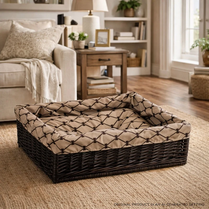 Epimoria wicker basket for dog and cat with beige trim, featuring a waterproof cushion TheWickerStories