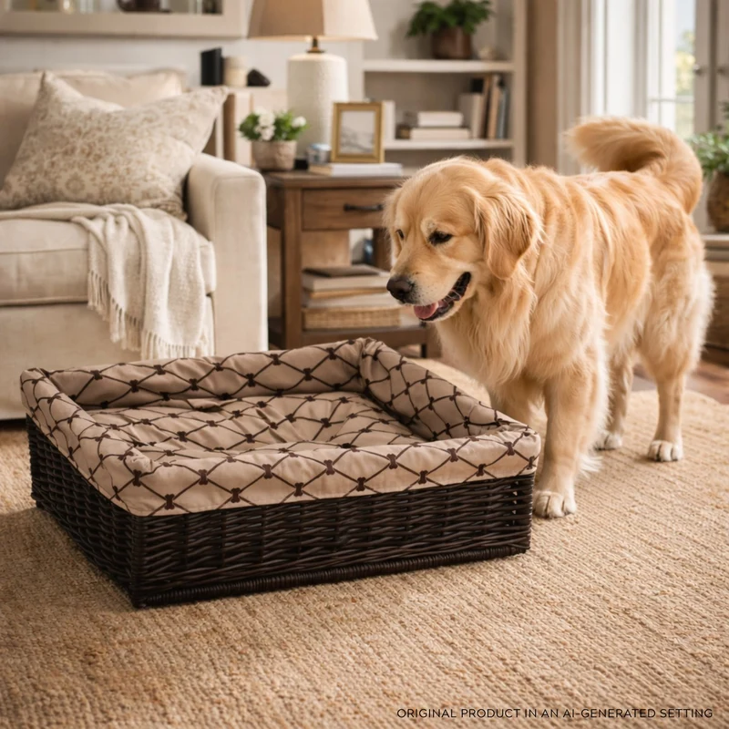 Epimoria wicker basket for dog and cat with beige trim, featuring a waterproof cushion TheWickerStories