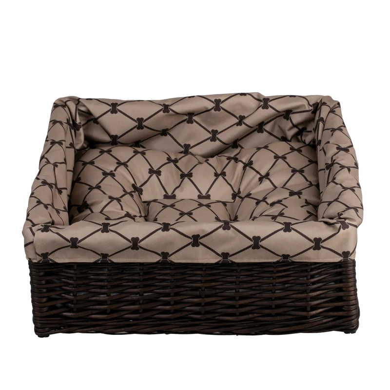 Epimoria wicker basket for dog and cat with beige trim, featuring a waterproof cushion TheWickerStories