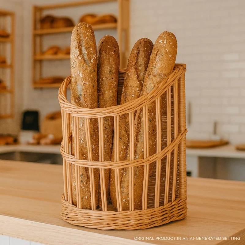 Borago wicker baguette basket for kitchen and store, standing display rack TheWickerStories