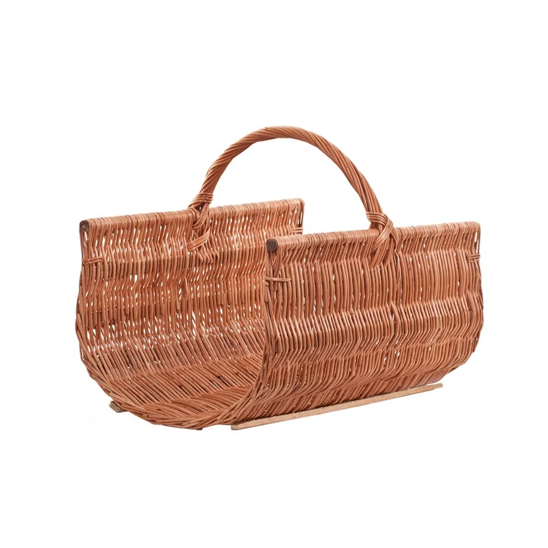 Fano wicker firewood basket with handle on wooden runners TheWickerStories