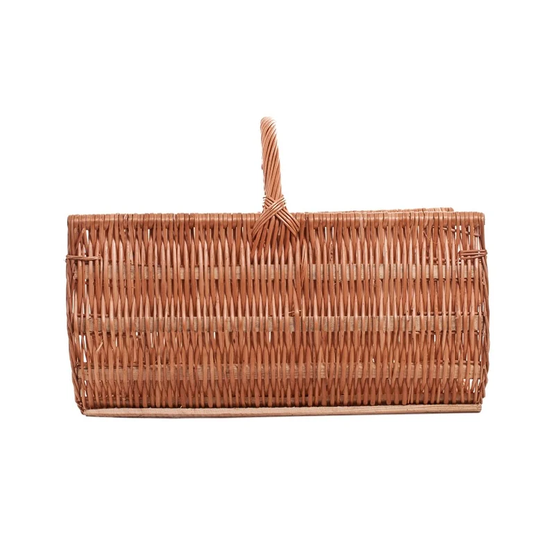 Fano wicker firewood basket with handle on wooden runners TheWickerStories