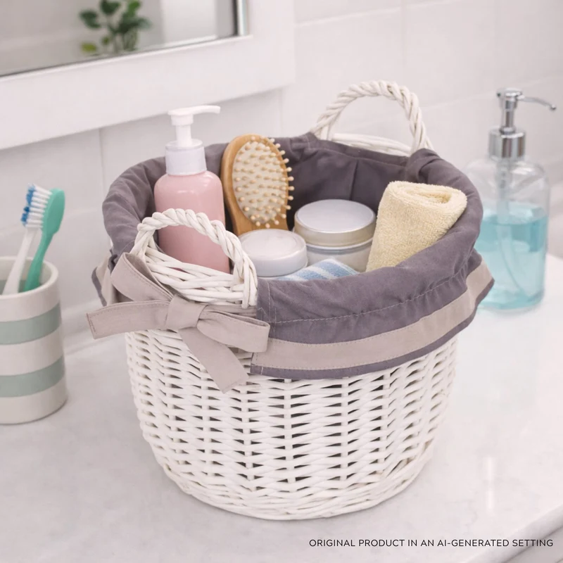 Nolira wicker storage basket with gray trim and handles TheWickerStories
