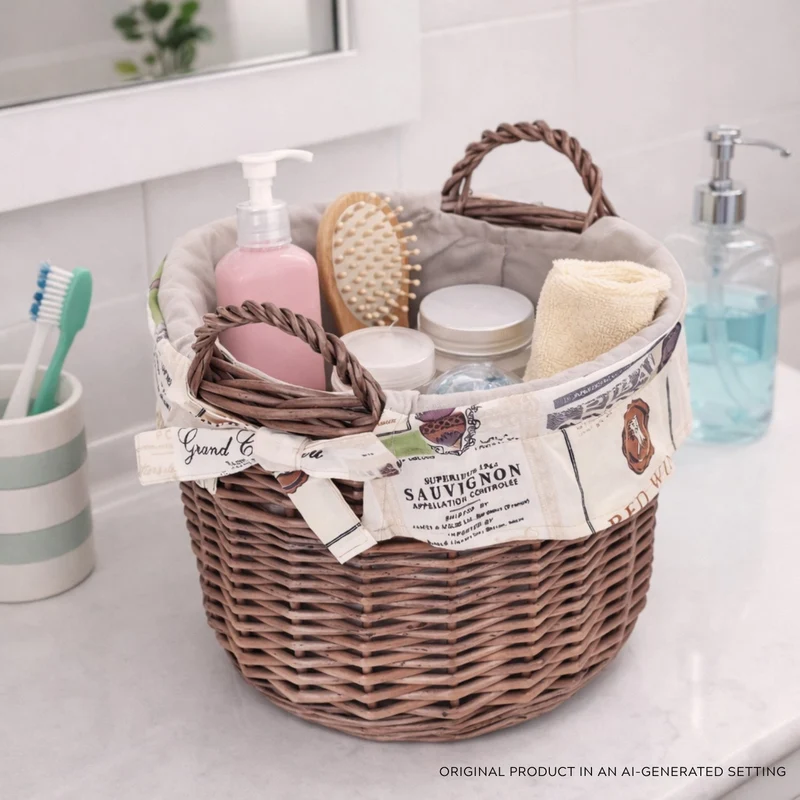 Nolira wicker storage basket with beige trim and handles TheWickerStories