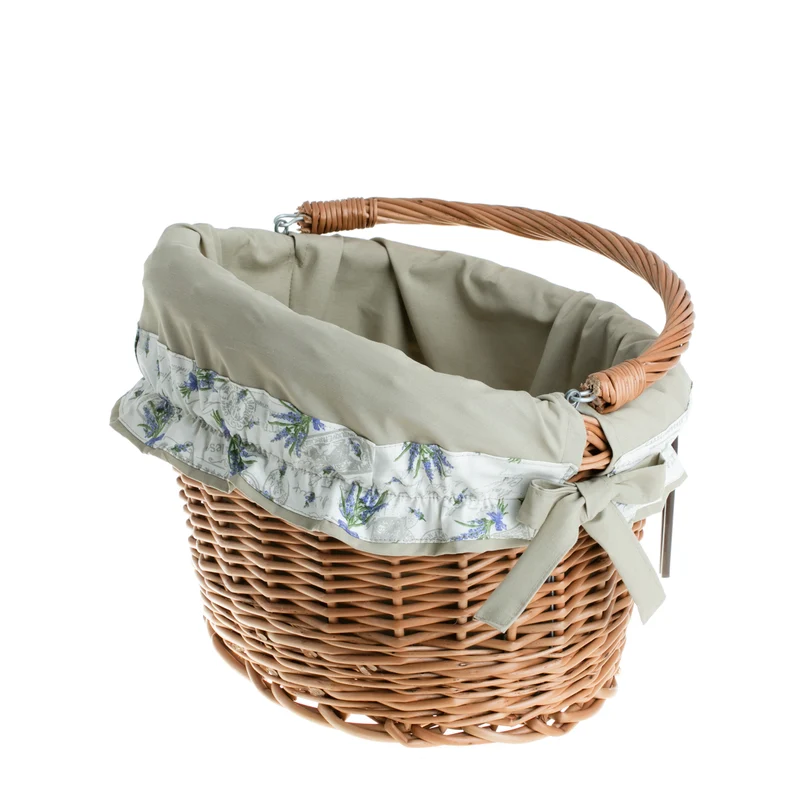 Maxian wicker bicycle basket with beige lining, handle and handlebar mount TheWickerStories