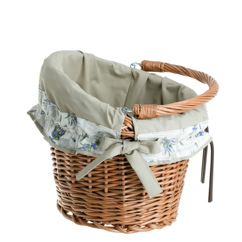 Maxian wicker bicycle basket with beige lining, handle and handlebar mount TheWickerStories