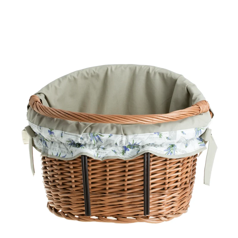 Maxian wicker bicycle basket with beige lining, handle and handlebar mount TheWickerStories