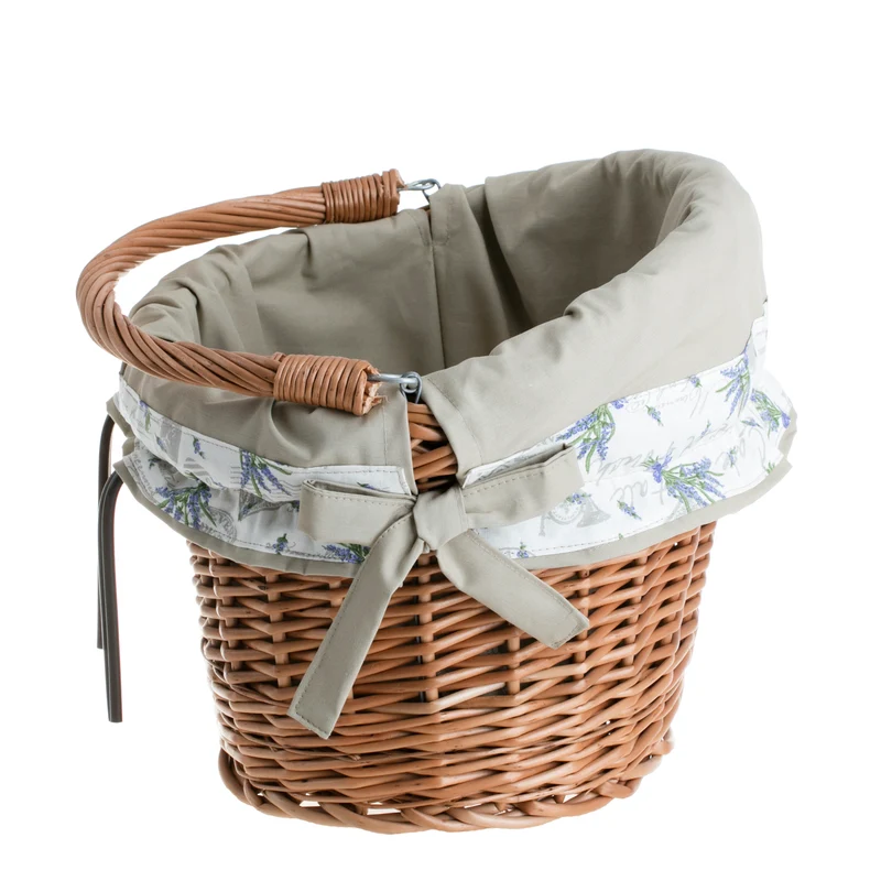 Maxian wicker bicycle basket with beige lining, handle and handlebar mount TheWickerStories