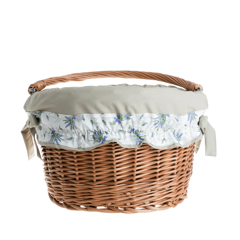 Maxian wicker bicycle basket with beige lining, handle and handlebar mount TheWickerStories
