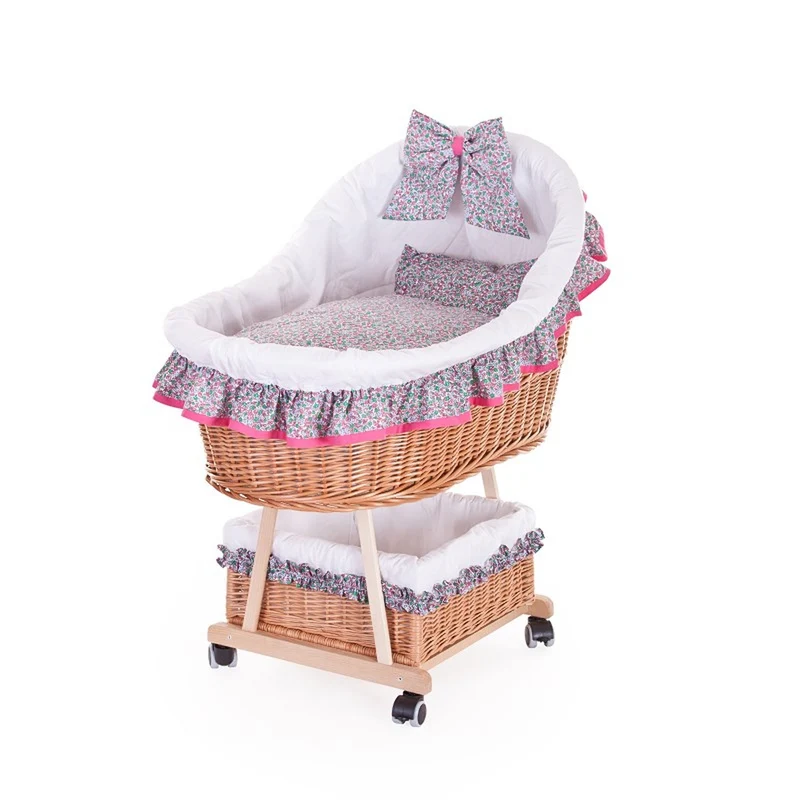 Papilio wicker cradle for infants with white trim, with canopy, blanket and pillow, on wheels with brake TheWickerStories