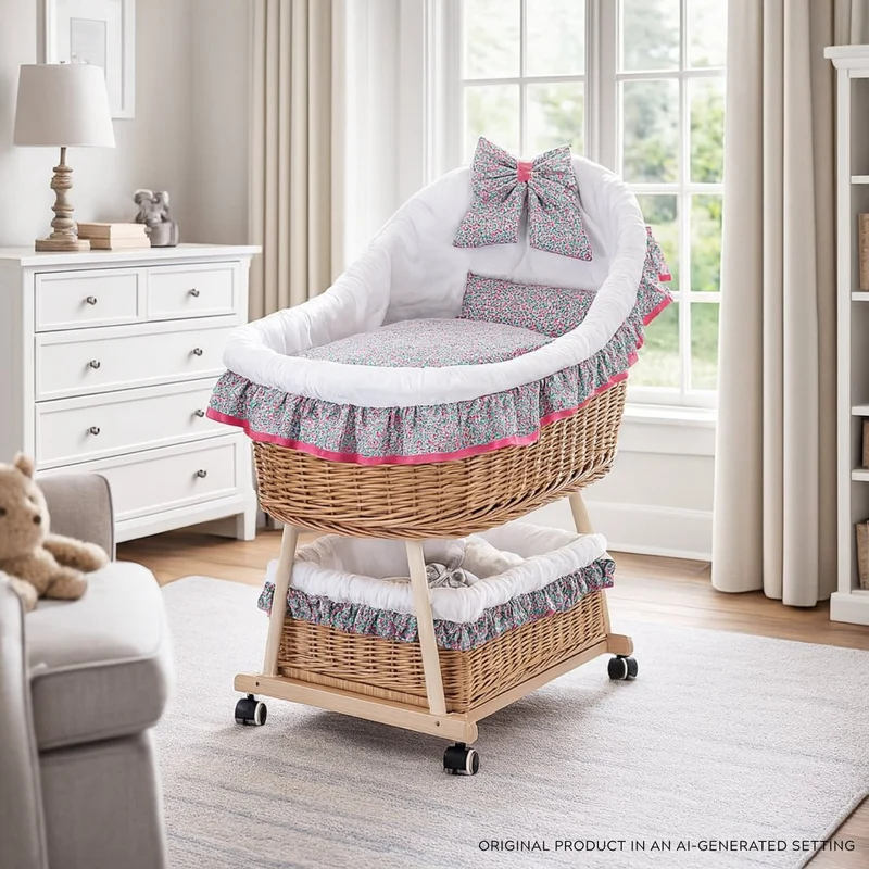 Papilio wicker cradle for infants with white trim, with canopy, blanket and pillow, on wheels with brake TheWickerStories