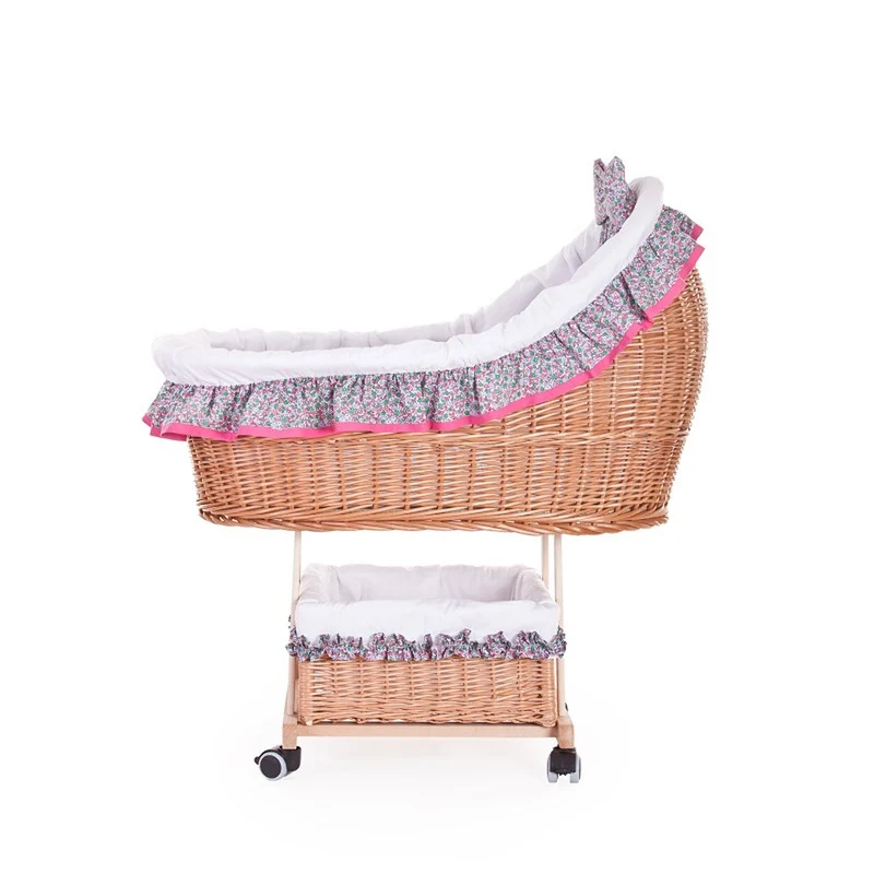Papilio wicker cradle for infants with white trim, with canopy, blanket and pillow, on wheels with brake TheWickerStories