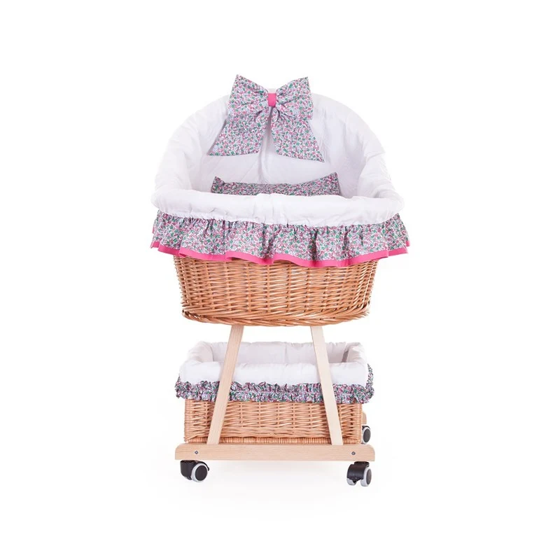 Papilio wicker cradle for infants with white trim, with canopy, blanket and pillow, on wheels with brake TheWickerStories