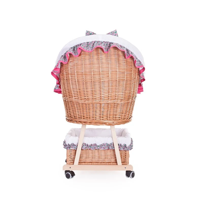 Papilio wicker cradle for infants with white trim, with canopy, blanket and pillow, on wheels with brake TheWickerStories