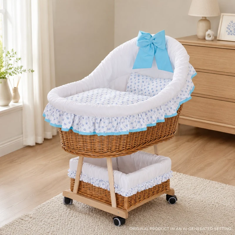 Papilio wicker bassinet for infants with white trim and light blue accents, with canopy, blanket and pillow, on wheels with brake TheWickerStories