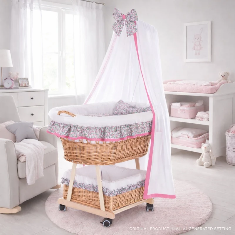 Papilio wicker baby cradle with pink trim, canopy, pillow and quilt TheWickerStories