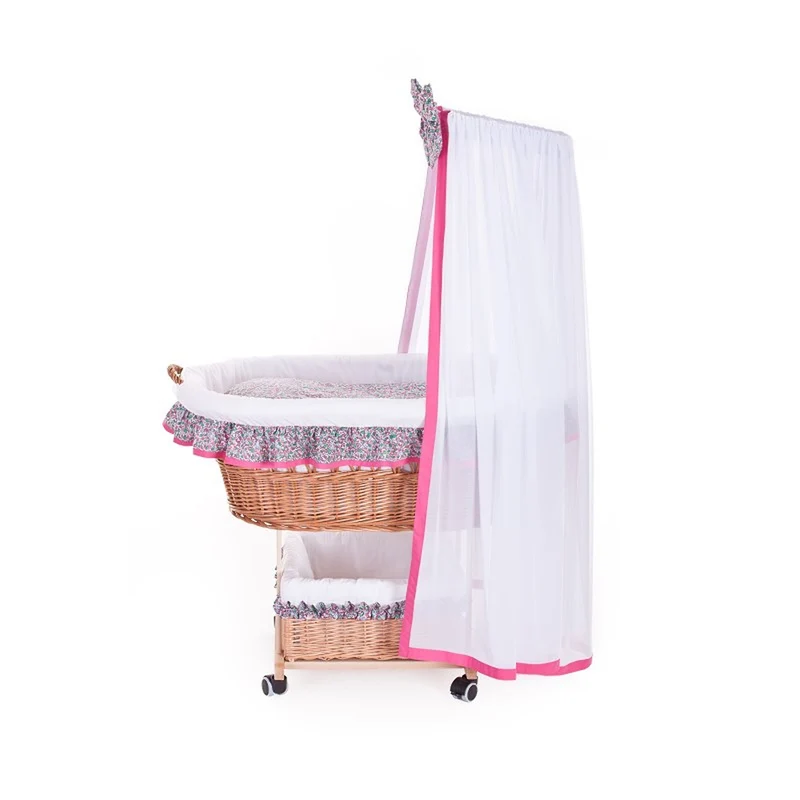 Papilio wicker baby cradle with pink trim, canopy, pillow and quilt TheWickerStories