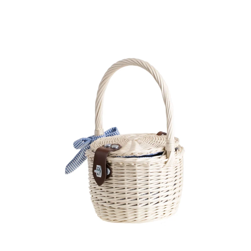 Rivora wicker beach and shopping bag with blue trim, featuring a lid and handle TheWickerStories