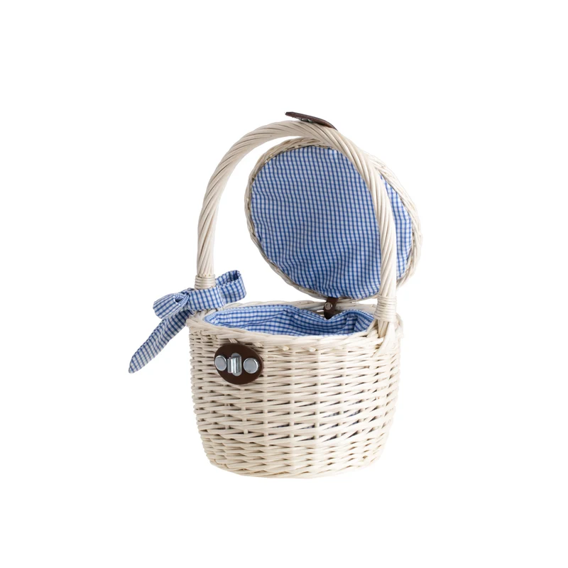 Rivora wicker beach and shopping bag with blue trim, featuring a lid and handle TheWickerStories