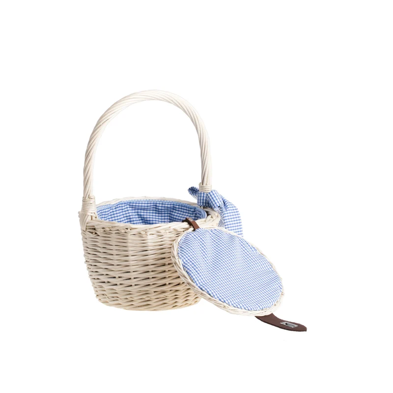 Rivora wicker beach and shopping bag with blue trim, featuring a lid and handle TheWickerStories