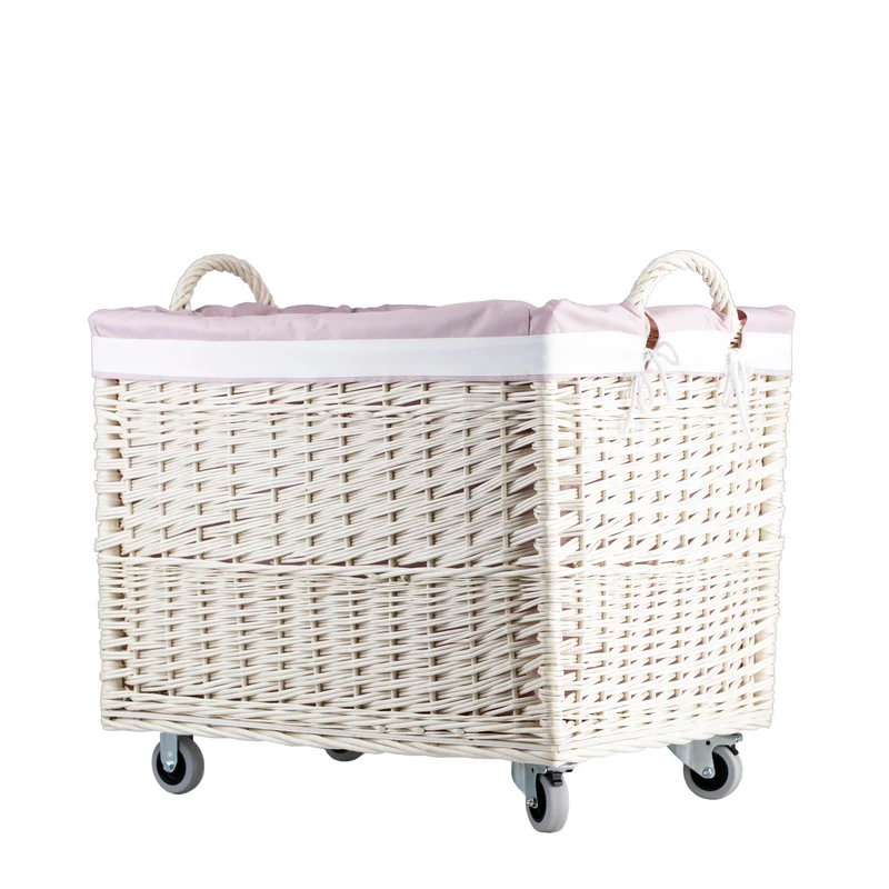 Salux wicker laundry basket with pink trim, on wheels, with handles TheWickerStories