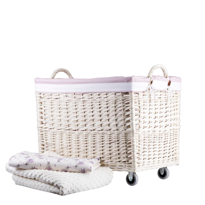 Salux wicker laundry basket with pink trim, on wheels, with handles TheWickerStories