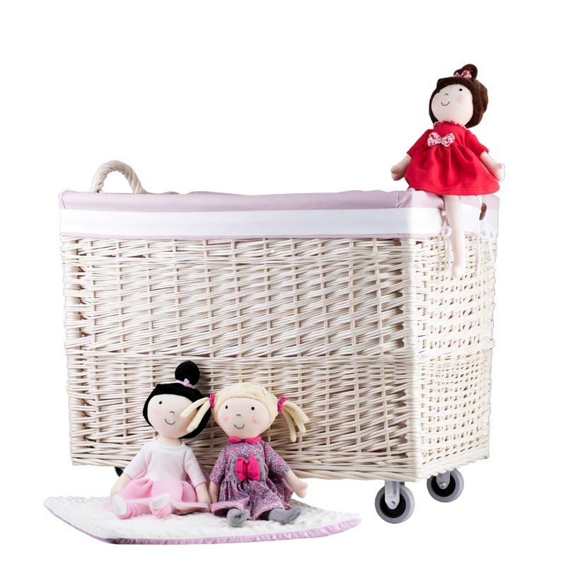 Salux wicker laundry basket with pink trim, on wheels, with handles TheWickerStories