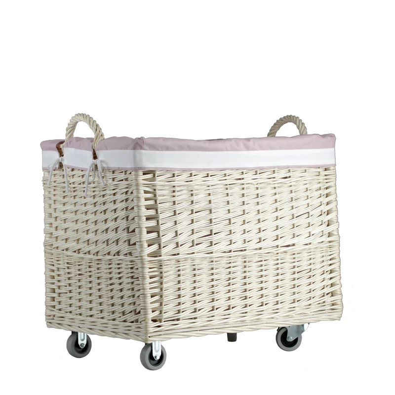 Salux wicker laundry basket with pink trim, on wheels, with handles TheWickerStories