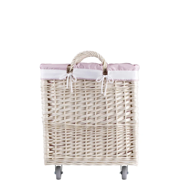 Salux wicker laundry basket with pink trim, on wheels, with handles TheWickerStories