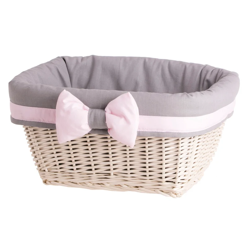Nestor wicker shelf basket with gray trim and bow TheWickerStories